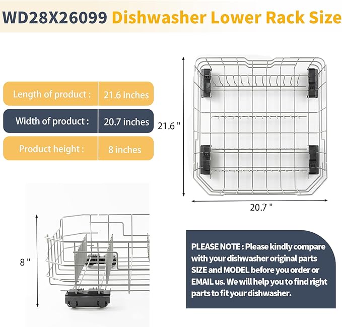 Allstare WD28X26099 WD28X34744 Dishwasher Lower Rack Replacement Parts for GE Dishwasher Parts GDF510PSR3SS GDF510PSM0SS GDF535PSR0SS Lower Dishrack Assembly GE Dishwasher Bottom Rack 1 Pack