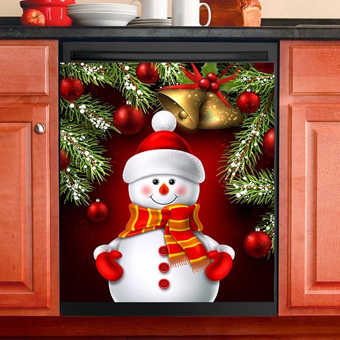 Dishwasher Magnet Cover Panel for The Front, Christmas Red Snowman Bell Magnetic Covers Sticker Decal Washing Machine Cover Decorative Home Season Decor,26x23