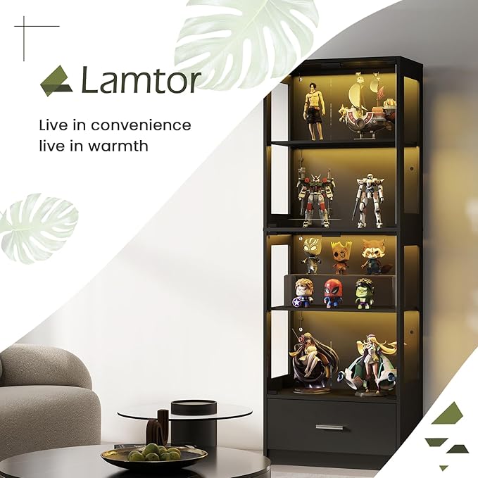 Display Cabinet with Glass Doors - 67" Curio Cabinet with RGB LED Lights and Drawer for Collectibles, 4 Tier Glass Display Case for Living Room, Office, Black(Narrow)