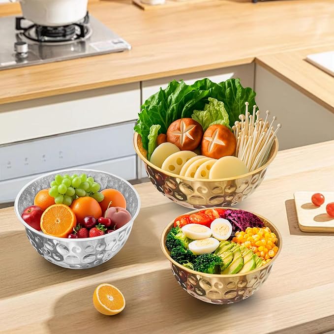 Gold Mixing Bowls Set of 5, Stainless Steel Mixing Bowls, Metal Nesting Salad Bowls Kitchen Food Storage Containers for Cooking, Baking, Prepping Christmas Serving, No Lids, 1.6/2/3.2/4.2/4.9 QT