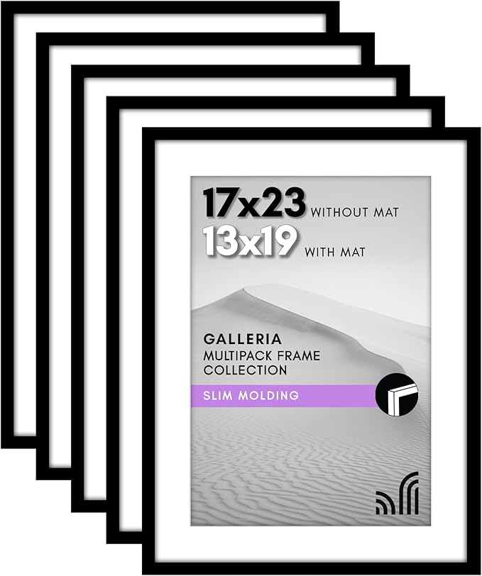 Americanflat 17x23 Picture Frame with Polished Plexiglass - Set of 5 - Use as 13x19 Frame with Mat or Display 17x23 Photo Without Mat - Galleria Collection - Picture Frames for Wall Display - Black