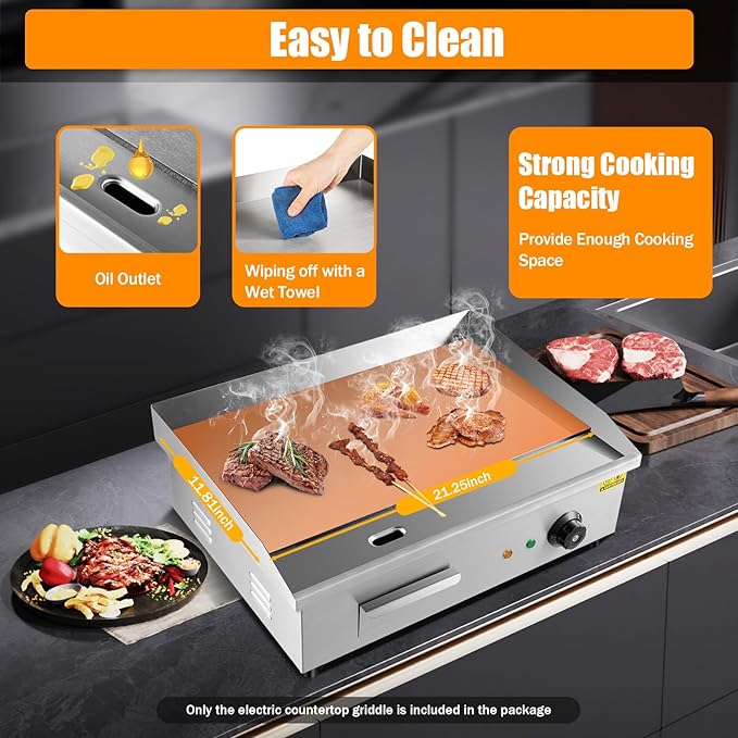 3000W Commercial Electric Griddle, Electric Countertop Griddle, Stainless Steel Teppanyaki Flat Top Grill for Processing Pancakes Steaks Hamburgers