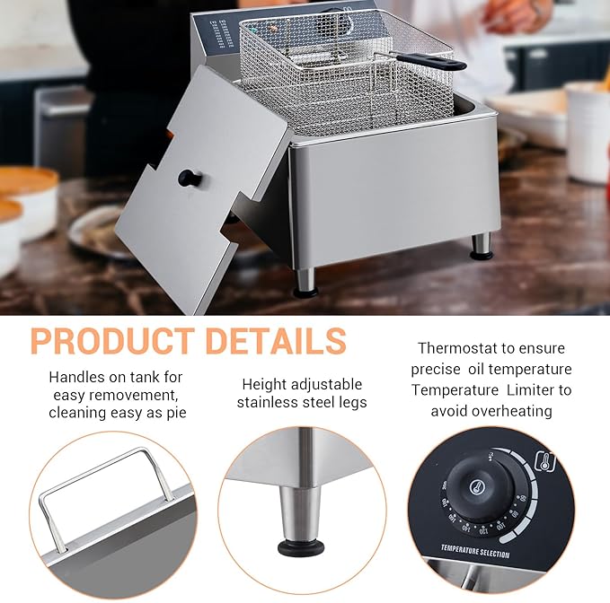 11L Electric Deep Fryer with Basket & Oil Separator Plate, 1700W, Adjustable Temperature, Oil Drain Valve for Easy Cleaning, Stainless Steel for Home & Commercial Use