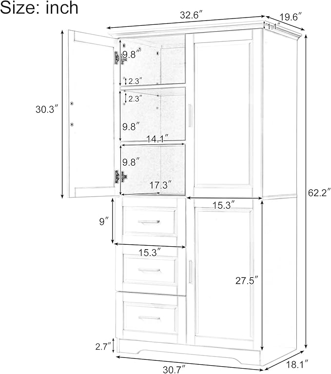 62.2" Wide Storage Cabinet Pantry Cupboard with Doors and Drawers for Home Kitchen, Bathroom and Living Room, Adjustable Shelf, White
