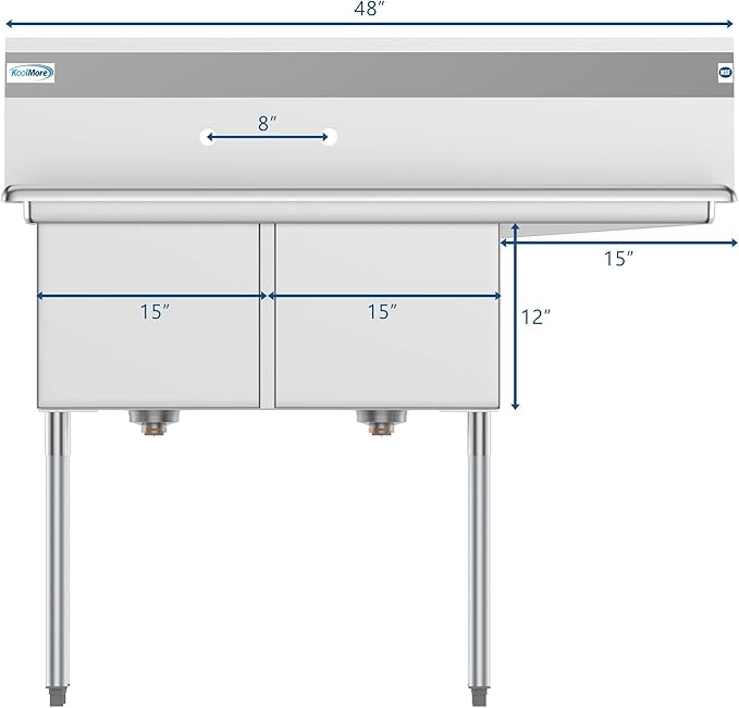 KoolMore - SB151512-15R3 2 Compartment Stainless Steel NSF Commercial Kitchen Prep & Utility Sink with Drainboard - Bowl Size 15" x 15" x 12", Silver