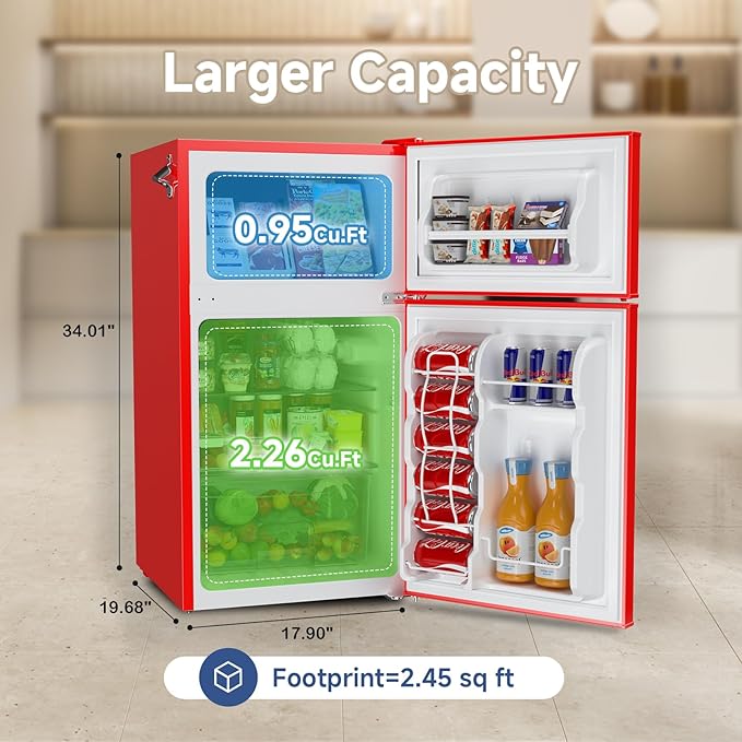 BANGSON Mini Fridge with Freezer, 3.2 CU.FT Small Refrigerator with Freezer, Door Handle, Bottle Opener, For Bedroom, Dorm, Office, Home, Garage or RV, R-600a, Red