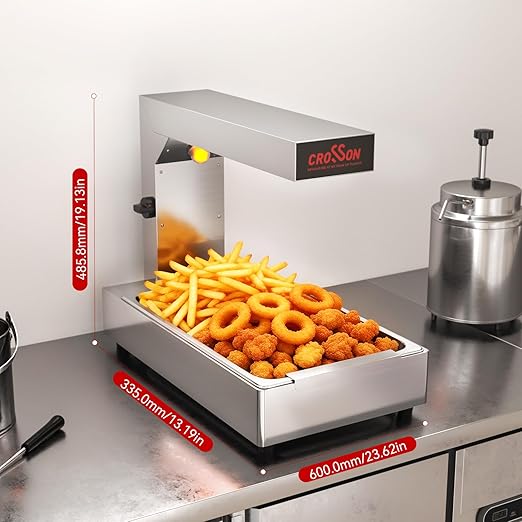CROSSON French Fry Food Warmer, Commercial French Fry Heat Lamp Electric Stainless Steel Fries Dump Station Countertop 5-Level Adjustable Heating Duration for Food Truck Restaurant Parties 600W