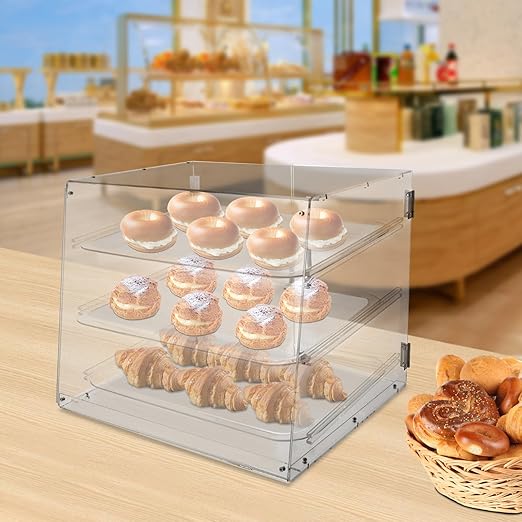 Pastry Display Case, 3 Tier Commercial Acrylic Display Cabinet, Countertop Dust Proof Bread Storage Case, Large Bakery Storage Box for Bakery, Coffee Shop, Snack Shop, Convenience Store