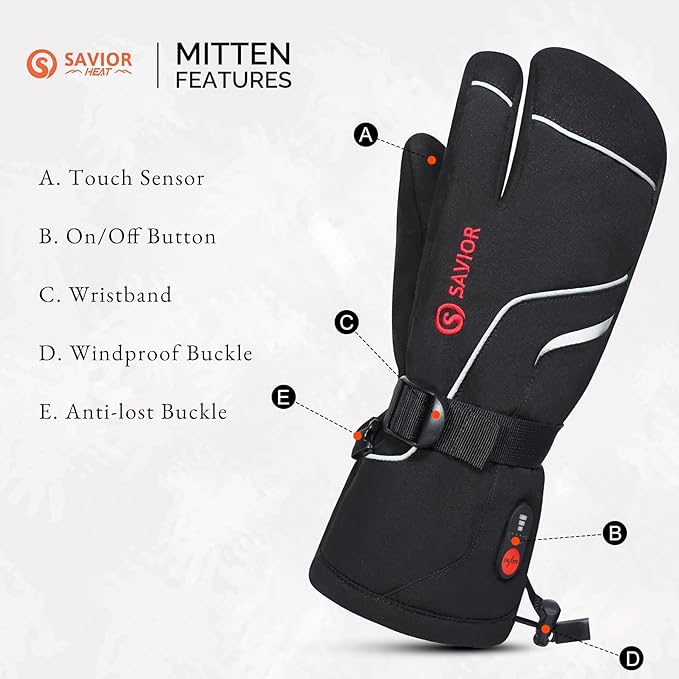 Heated Mittens Battery Gloves Men Women, SAVIOR HEAT Flexible Crab Finger Rechargeable Ski Mitten with 7.4V 2200mAh Battery for Winter Snow Skating Camping Hunting Hiking Motorcycle