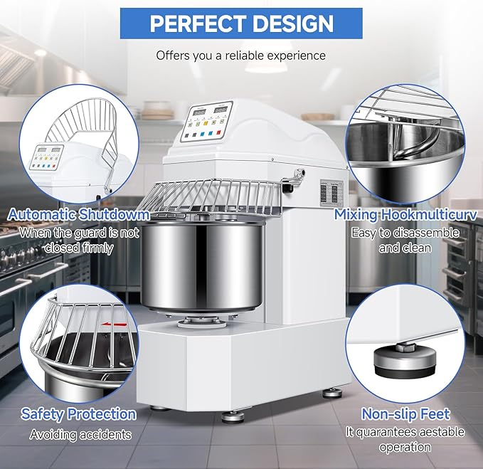 40lbs/30Qt Commercial Spiral Dough Mixer with Timer, 1800W Electric Dough Kneading Machine with 304 Stainless Steel Bowl, Touch Screen,2 Speeds Dual Rotation for Restaurant, Bakery, Pizzeria