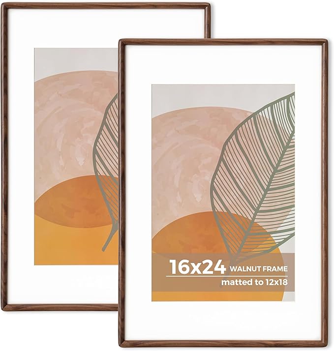 Axeman 16x24 Walnut Poster Frame Set of 2 - Rounded Corner 16 x 24 Picture Frame Matted to 12x18 - Natural Walnut Wood Poster Frame with Tempered Glass for Wall Mount Display