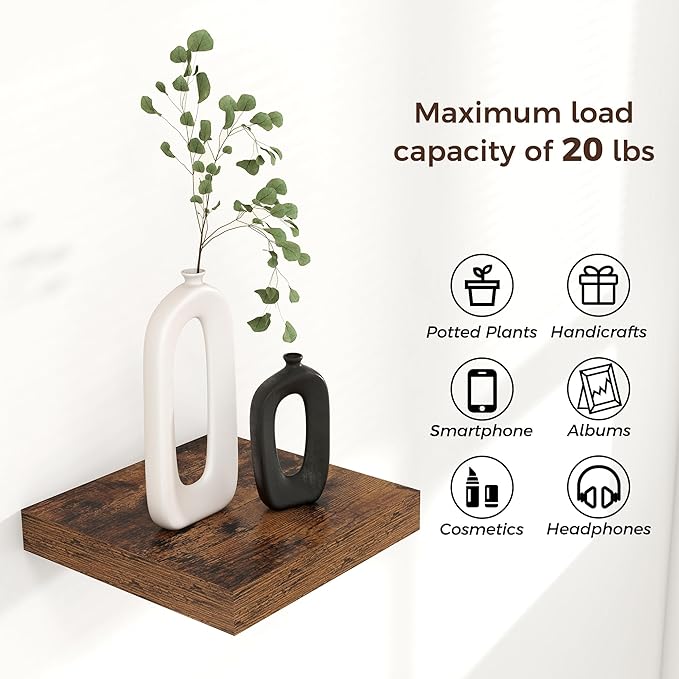 Square Floating Shelves for Wall 8"W x 8"D x 1.2"H, Engineered Wood Wall Shelves with Invisible Brackets for Living Room Bedroom Bathroom Office Kitchen Storage & Decor, Rustic Brown Finish, Set of 3