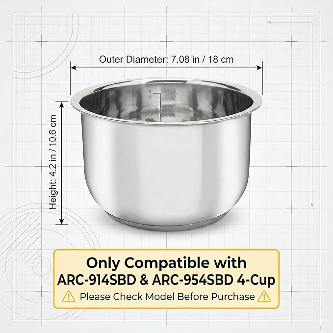 Rice Cooker Replacement Pot, Compatible with AROMA-ARC-954SBD and ARC-914SBD 4-Cup, 304 Stainless Steel for Everyday Home Cooking, Durable Easy-Clean Design