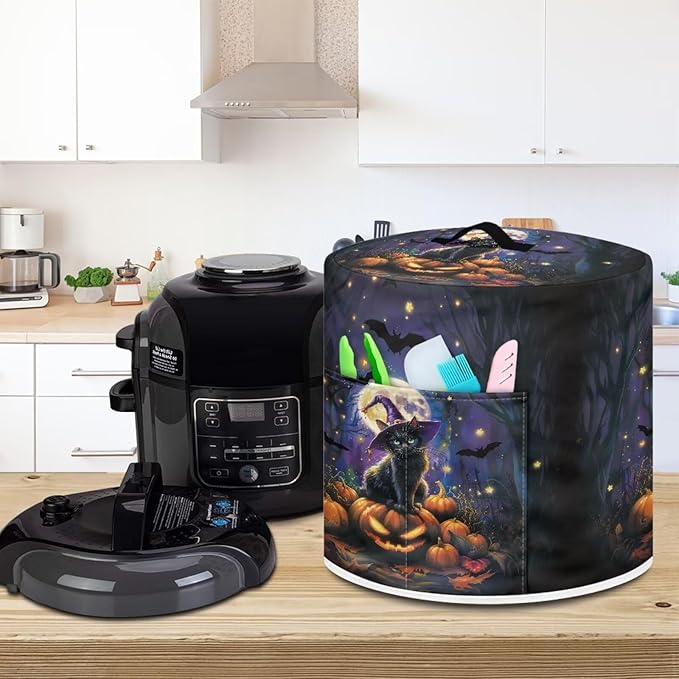 6 Quart Pressure Cooker Dust Cover with Top Handle and Storage Pocket Kitchen Small Appliance Protector Air Fryer Rice Cooker Dust Cover Halloween Moon Night Cat