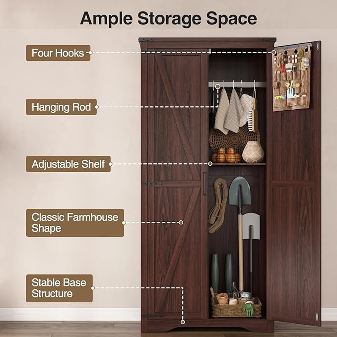 Tall Storage Cabinet with Adjustable Shelves, Farmhouse Pantry Organize with 2 Barn Doors, Large Freestanding Cabinet for Kitchen, Garage, Basement, Living, Utility Room, Brown