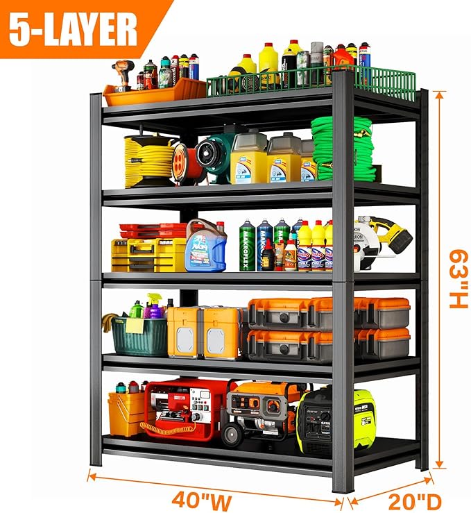 40"Wx63"H Metal Garage Shelving Unit,Metal Storage Shelves 5 Tier Adjustable Shelving Unit Garage Shelves for Kitchen Warehouse Pantry Basement,Rust-Resistant, 63"H x 40"W x 20"D,Black