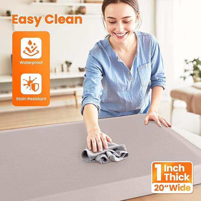 Kitchen Mats for Floor, 1 Inch Extra-Thick Kitchen Rugs, Non-Slip & Waterproof Standing Desk Mat, Comfort Anti Fatigue Mats for Kitchen Floor, Home, Sink, Office (20" X 32", Khaki)