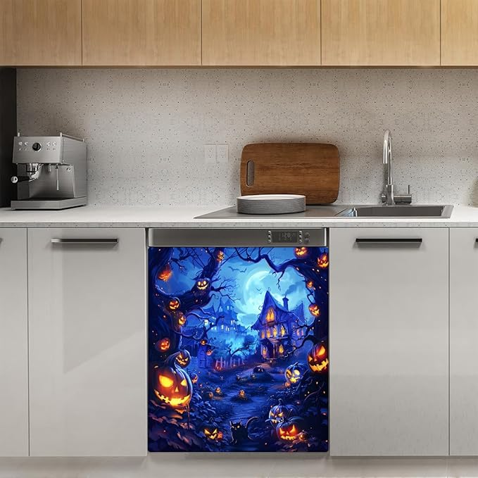 Dishwasher Magnet Cover Front Dishwasher Cover Decoration Reusable Magnetic Door Cover Panel Decal Home Appliances Stickers Kitchen Refrigerator Fridge Horrible Halloween Pumpkin 23"x26"