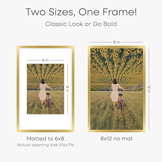 Homeforia 8x12 Picture Frame Gold, High End Metal 8 x 12 Poster Frames with Mat 6 by 8 for Photo, 12x8 Frame Matted to 6x8 inch Print, 8by12 Wall or Tabletop Frames, Tempered Glass, Wall Kit, Set of 3
