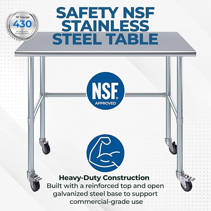 Stainless Steel Work Table Open Base & Wheels | Work Station | Metal Work Bench (Stainless Steel Work Table Open Base + Casters) (72" Long x 24" Deep)