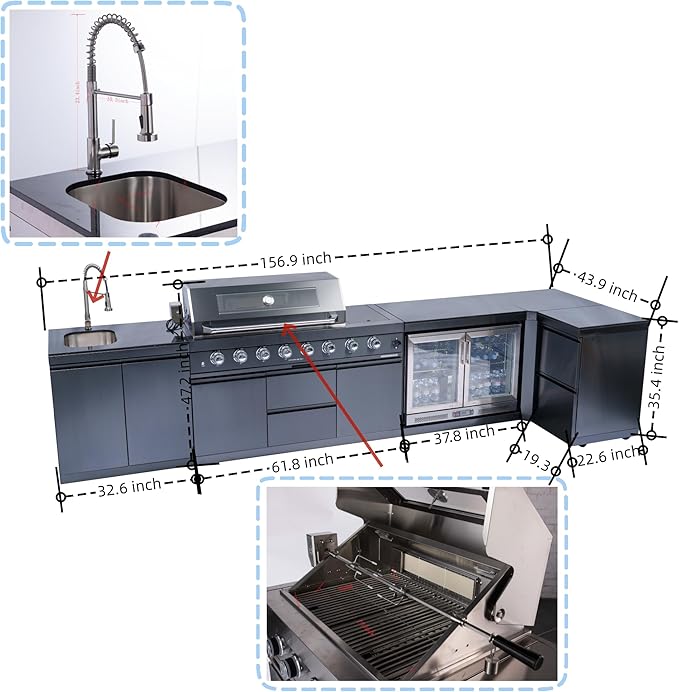 157-Inch 6-Burner 96000 BTU Propane Gas Outdoor Kitchen Island - Stainless Steel Grill with Wine Cooler, Rotisserie, Granite Countertops, Storage Cabinets & Drawers, Black