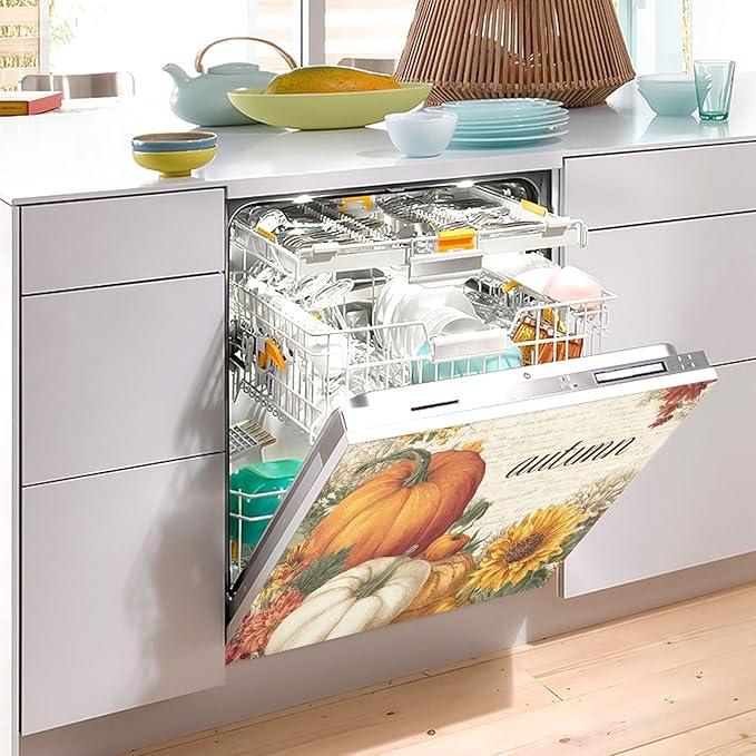 Fall Pumpkins Beige Dishwasher Magnet Cover Front Door Magnetic Dishwasher Cover Decorative Refrigerator Magnet Covers Dishwashers Magnetic Sticker for Home Kitchen Decor, 23" x 26"