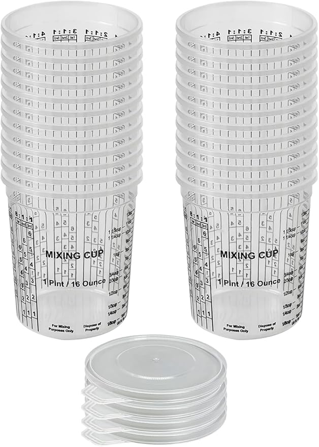 16 OZ Paint Mixing Cups Disposable Flexible Clear Graduated Plastic Measuring Cups Box of 24 Cups & 4 Lids Use for Automotive Painting, Epoxy Resin, Acrylic Arts, Kitchen - Mixing Ratios