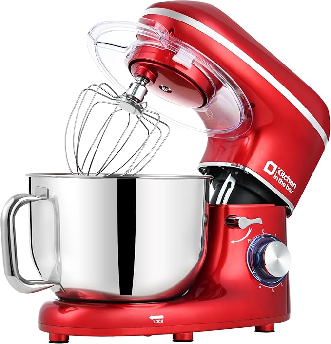 Kitchen in the box Stand Mixer, 6.5QT 660W Kitchen Electric Mixer, 6-Speed Tilt-Head Food Mixer with Dough Hook, Wire Whip and Beater (Red)