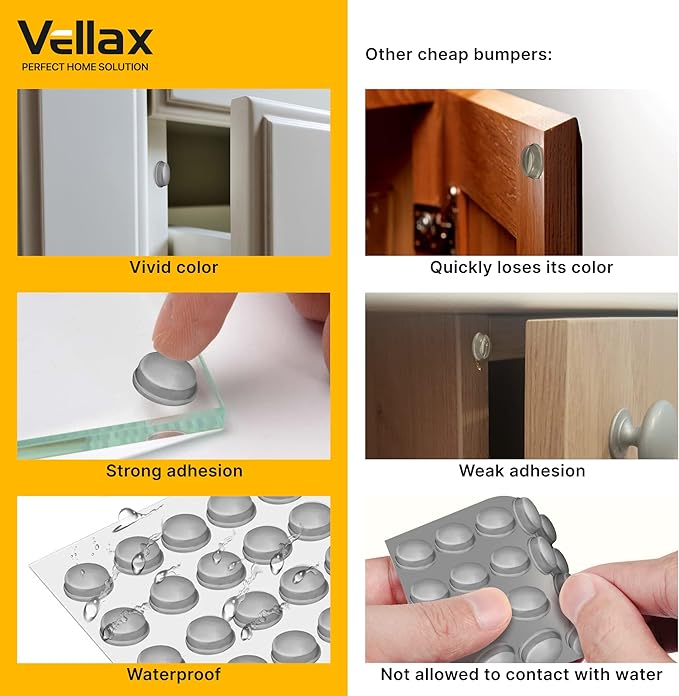128 Gray Cabinet Door Bumpers - 1/2 Inch Self Adhesive Rubber Stoppers for Drawers, Damp Pads Cupboards, Cutting Boards, Glass Tops, Picture Frames - Vellax