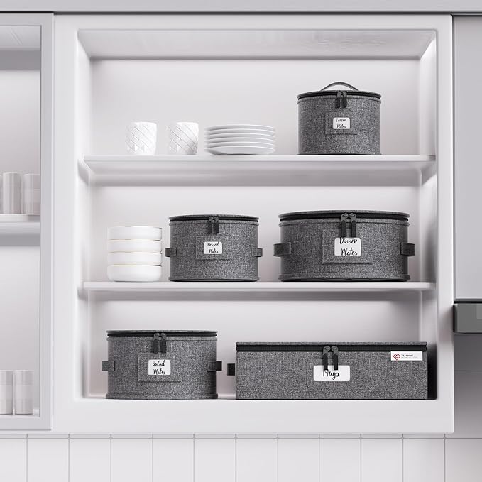 China Storage Containers Hard Shell Plate Storage Containers Box for moving Dishes, Dinnerware, Mugs, Glasses, Wine and Saucer Quilted and Stackable Organizer with Felt Plate Dividers 5 Piece Set Grey