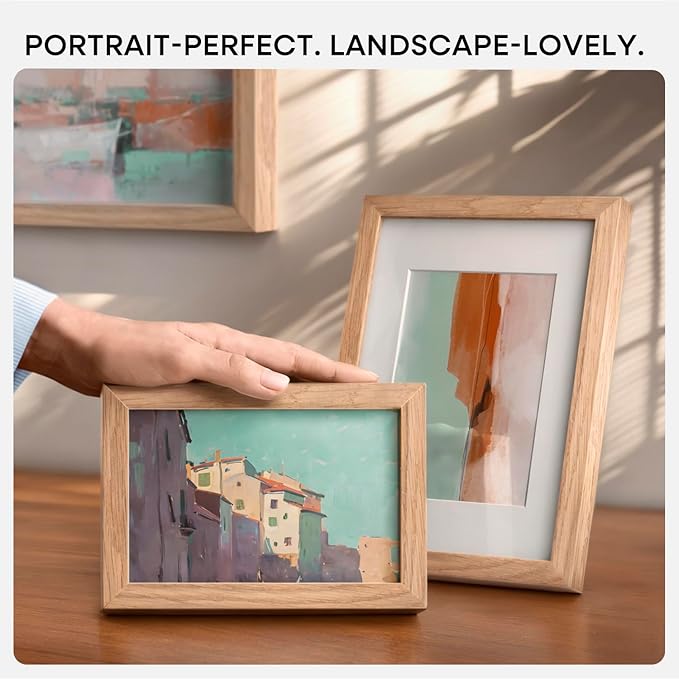 Homeforia 8 x 10 Wood Picture Frame, High End Natural Oak 8x10 Light Wooden Frames with Mat 5x7 inch Photo, 8 x 10 Frame Matted to 5 x 7 Art, Wall or Tabletop Frame, Tempered Glass, Wall Kit, Set of 4