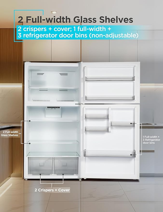 BLACK+DECKER 24 Cu. Ft. Top Mount Refrigerator with Freezer, 2 Door Fridge with Top Freezer and Adjustable Temperature Control, Full Size Kitchen Refrigerator, ENERGY STAR, BR2400JW, White
