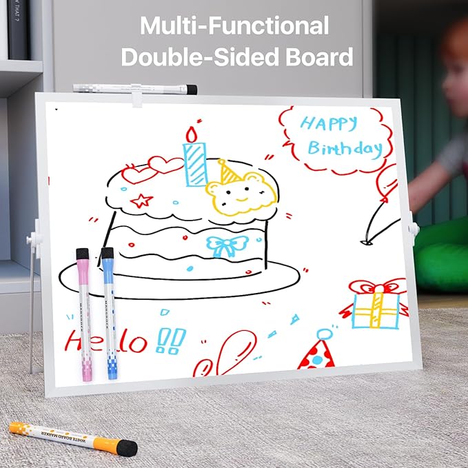 Dry Erase White Board with Stand,Double-Sided Whiteboard 16"x12", 10 Markers,6 Magnets, 1 Eraser,Portable Desktop Whiteboard for Planning,Colorful Weekly Schedule Board for School for Home