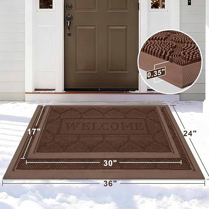FRAMICS Front Door Mat Outside Entrance, Heavy Duty Rubber Door Mats Non-Slip Waterproof Welcome Doormat Outdoor, Low Profile Patio Doormats Dirt Trapper Indoor Mats for Entryway, 17x30 Inches, Brown
