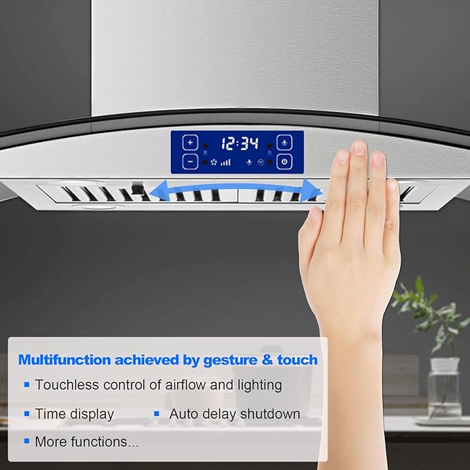 36 Inch Island Range Hood 700CFM Gesture & Touch Control Ceiling Mount Stainless Steel Ducted/Ductless Convertible, Ceiling Mount Vent Hood, Baffle Filter Exhaust Fan Extractor