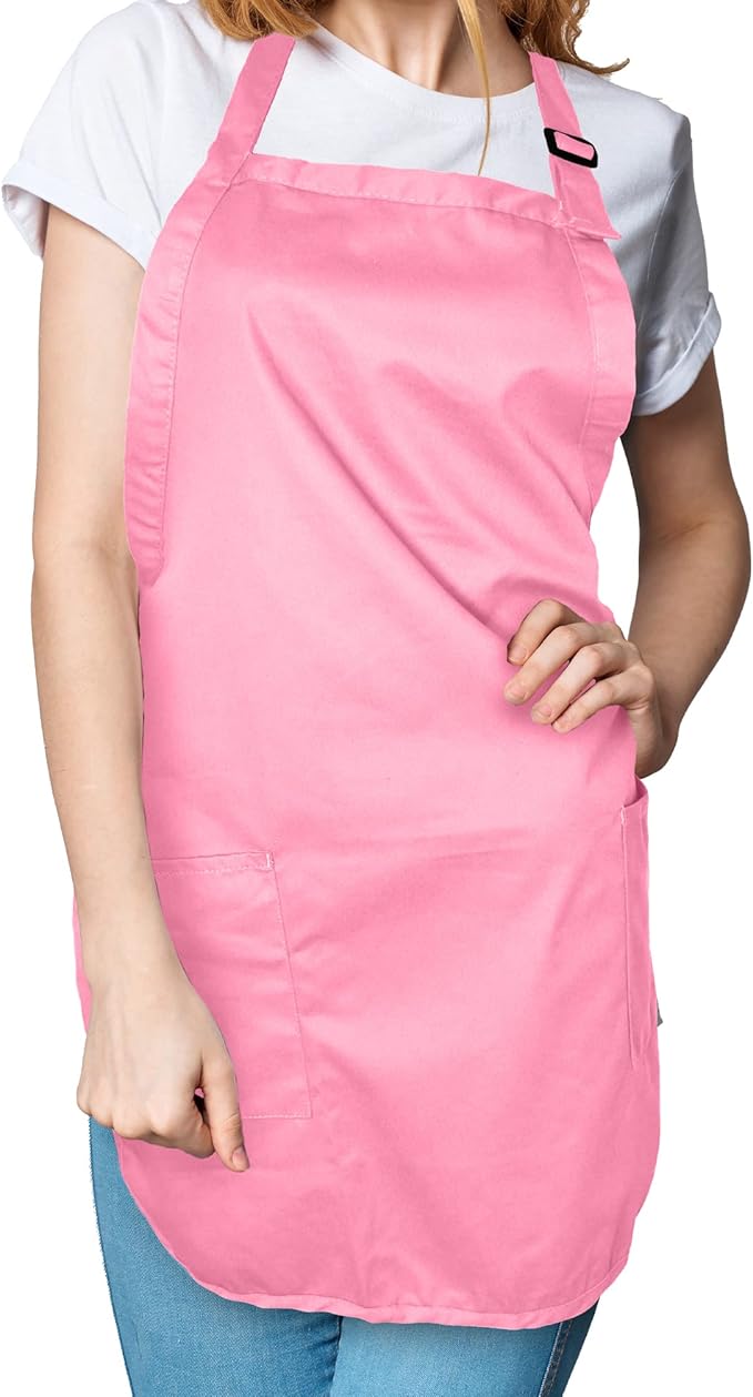 DALIX Apron Commercial Restaurant Home Bib Spun Poly Cotton Kitchen Aprons (2 Pockets) (2, Pink)