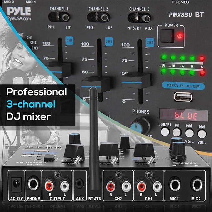 Pyle Wireless DJ Audio Mixer - 3 Channel Bluetooth Compatible DJ Controller Sound Mixer, Mic-Talkover, USB Reader, Dual RCA Phono/Line In, Microphone Input, Headphone Jack, Black - PMX8BU