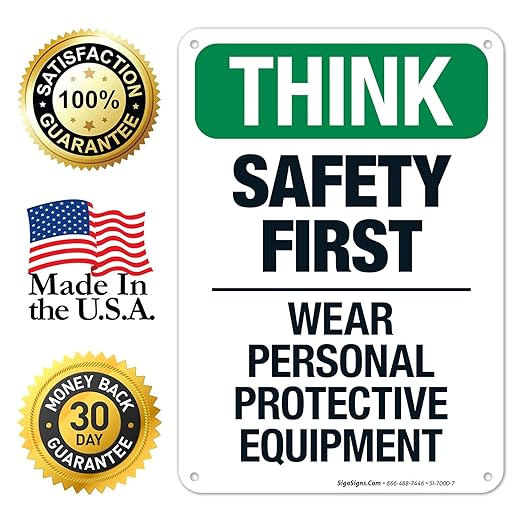 Think Safety First Wear Personal Protective Equipment Sign, 10x7 Inches, Rust Free .040 Aluminum, Fade Resistant, Made in USA