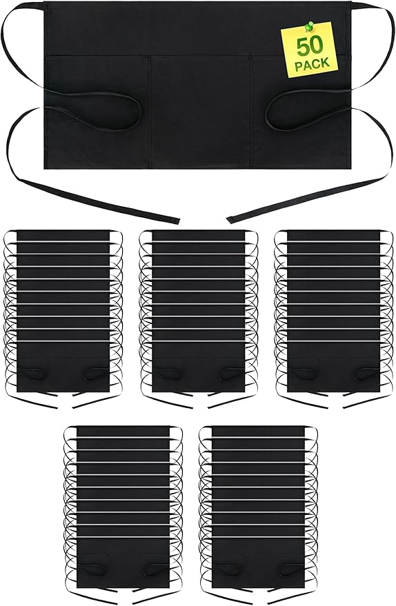 BOHARERS Waist Apron with 3 Pockets - Black Waitress Waiter Server Short Aprons