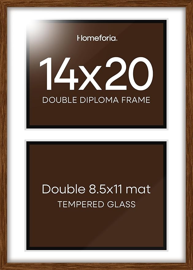 Homeforia 14x20 Double Diploma Frame Brown, High End Dark Oak 14 x 20 Wood Certificate Frames with Mat for Two 8.5x11 Diplomas, 14by20 Dual Walnut Graduation Frames, Tempered Glass, Wall Kit, Set of 1
