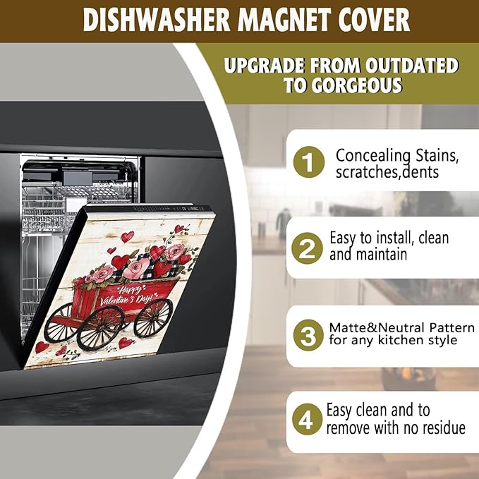Happy Valentine's Day Dishwasher Magnet Cover,Rustic Red Wagon Floral Magnetic Dishwasher Cover Vinyl Sticker,Roses Fridge Door Cover Magnets Art Skin Panel Decal,Home Decor Decal,23"X26"