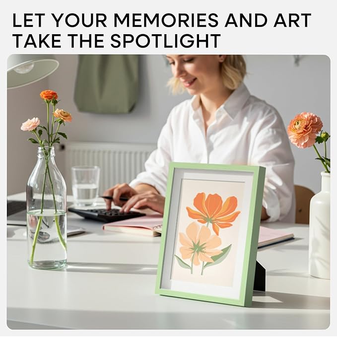 Homeforia Sage Green 6x8 Picture Frame, High End Metal 6 x 8 Frames with Mat 5 x 7 for Photo, 6by8 Desk Frame Matted to 5x7 inch Art, 6 by 8 Wall or Tabletop Frames, Tempered Glass, Wall Kit, Set of 1