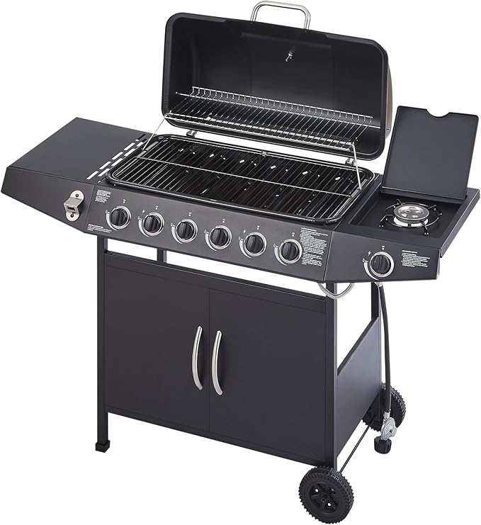 6 Burner Propane Gas Grill, 59,000 BTU Gas Grill with Side Burner, BBQ Grill with Cast Iron Grates, Stainless Steel Frame, 576 Sq In Cooking Area, Outside Grill for Patio Backyard, Patio