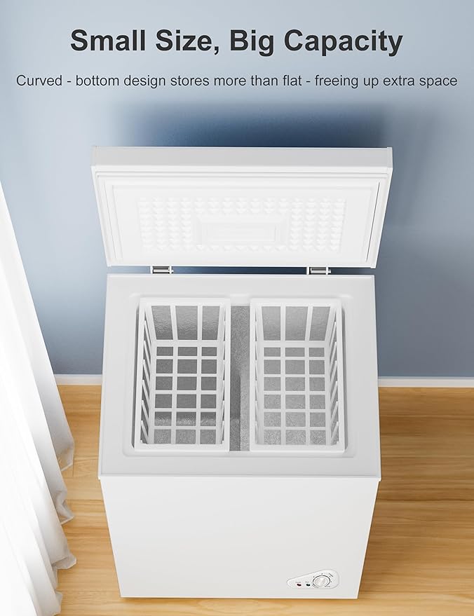 5.0 Cu.Ft Chest Deep Freezer with 2 Removable Baskets, Energy Efficient (0.41kWh/24H), <40dB Ultra-Quiet, 6 Temp Control, Manual Defrost, Free Standing Top Open Door for Home Garage Basement, White
