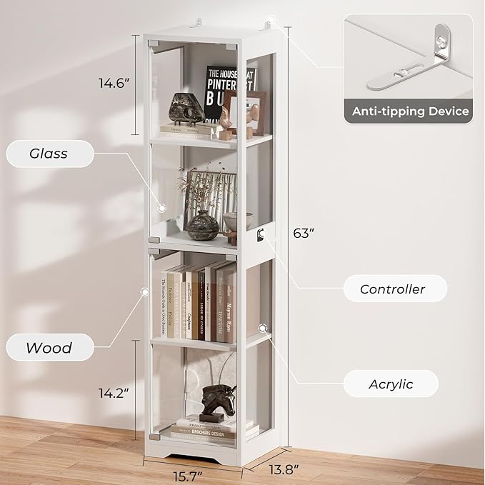 Glass Display Cabinet, 4-Tier Curio Cabinets with 3 Color Lights for Collectibles, Storage Cabinet with Door, Glass Display Case & Bookcase with Human Body Sensor, White