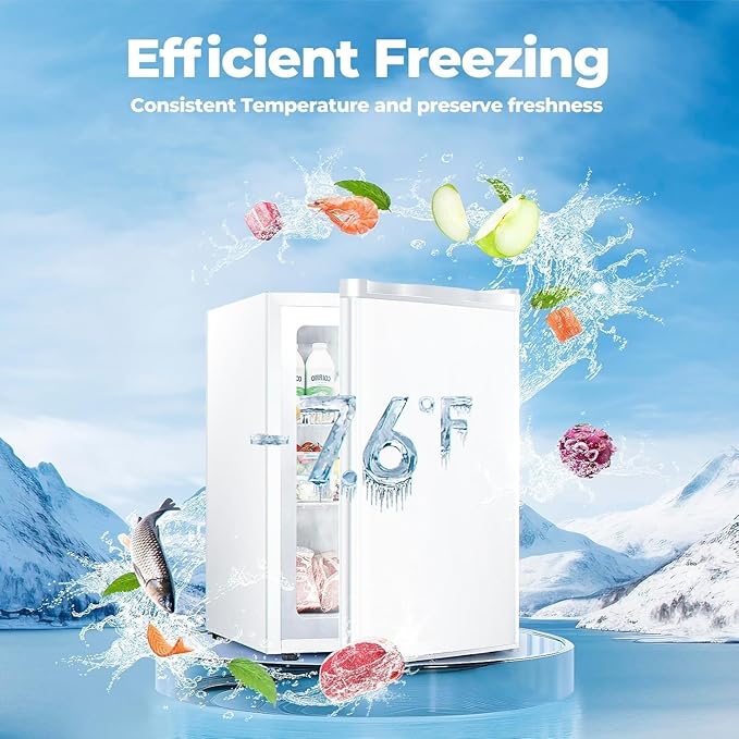 3.2 Cu.ft Small Freezer, Mini Upright Freezer with Adjustable Thermostat, Removable Shelves, Reversible Single Door, for Bedroom/Home/Dorms/Apartment (White)