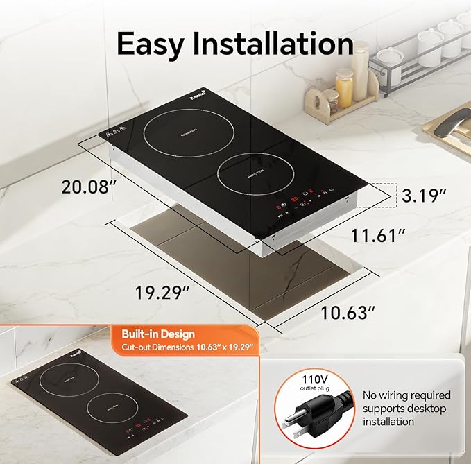 Ranein Induction Cooktop 12 Inch, Build-in 2 Burners Electric Stove Top, 9 Power Settings, Max 1800W, Sensor-Control Induction Hob with Multiple Safety Protections, Compatible with Magnetic Cookers