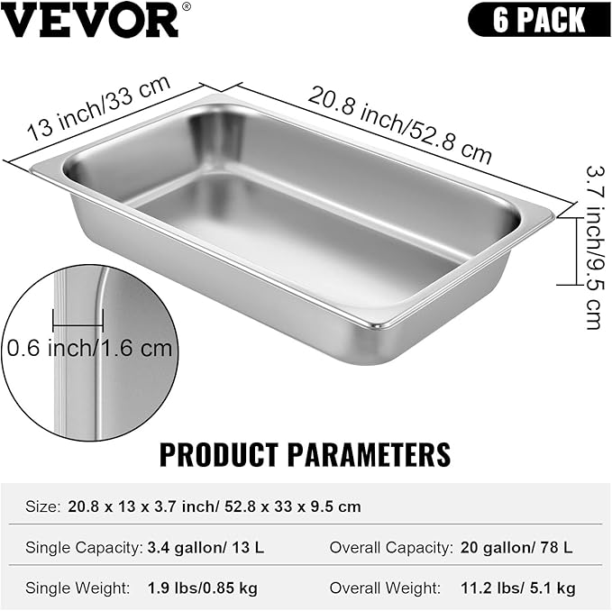 VEVOR Hotel Pans Full Size 4-Inch Deep, Steam Table Pan 6 Pack,0.8mm Thick Stainless Steel Anti Jam Steam Table Pan for Home, Party, Restaurant, Hotel, Buffet