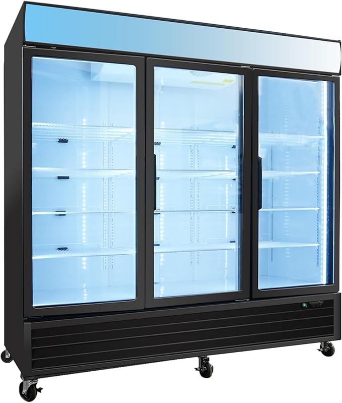 mikibama Glass Door Commercial Refrigerators, 70 Cu.ft Reach-In Display Refrigerator with LED Top Panel Upright Beverage Storage (Refrigerator-3 door)