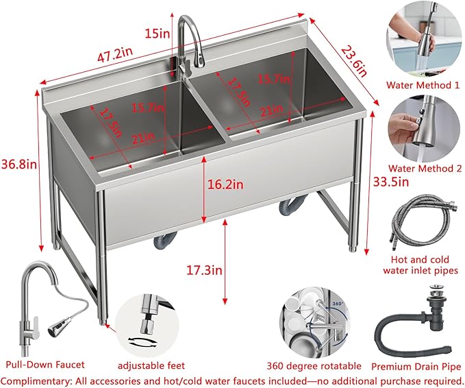 47" Stainless Steel Commercial Sink 2 Bowl Freestanding Kitchen Sink with Pull-out Faucet, Large Utility Sink for Kitchen, Dishwashing, Thawing, Laundry Room, Garage, Outdoor, Total Capacity 50 Gallon
